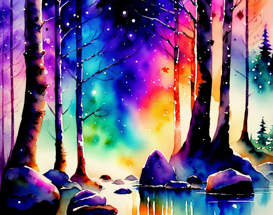 Colorful Watercolor Forest Scene with Purple and Blue Trees under Starry Sky