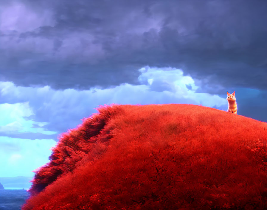 Orange cat on red hill under stormy sky: surreal contrast