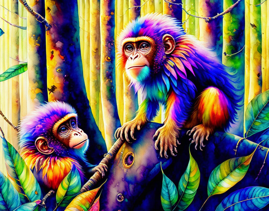 Vibrant Monkey Illustration in Psychedelic Forest