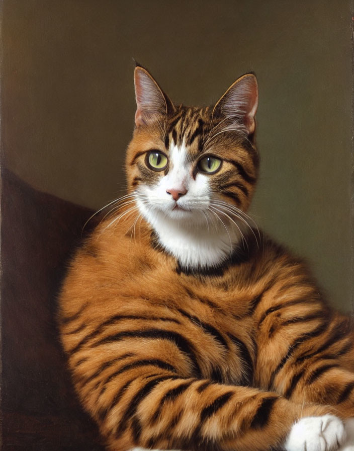 Brown Striped Cat with White Markings Sitting Against Muted Background