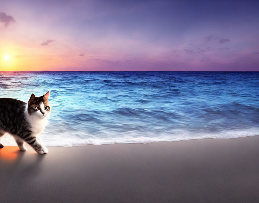 Black and white cat walking on sandy beach under purple sunset sky