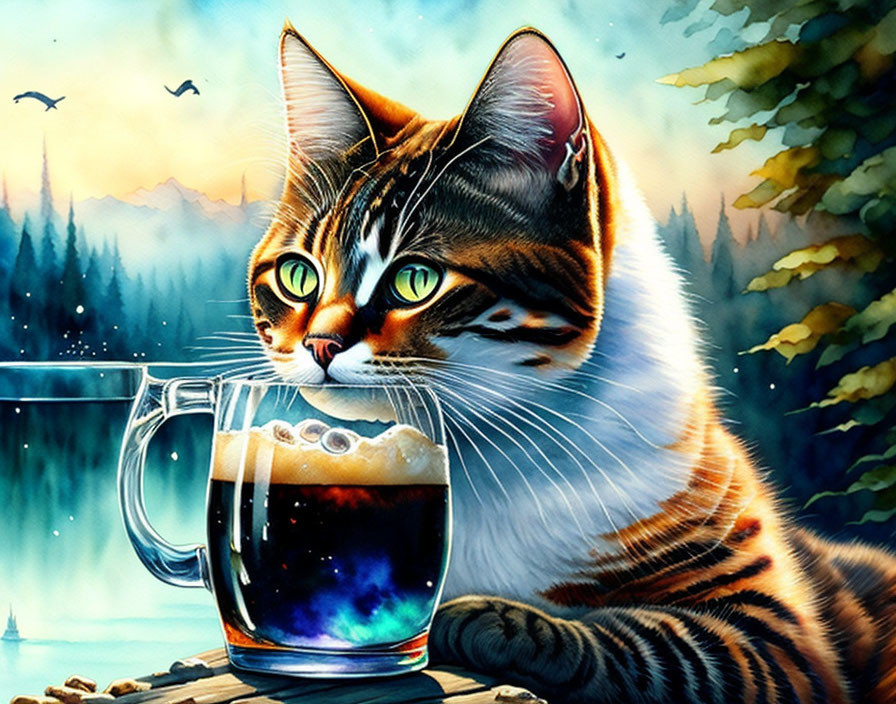 Colorful Tabby Cat with Beer Mug in Sunset Landscape