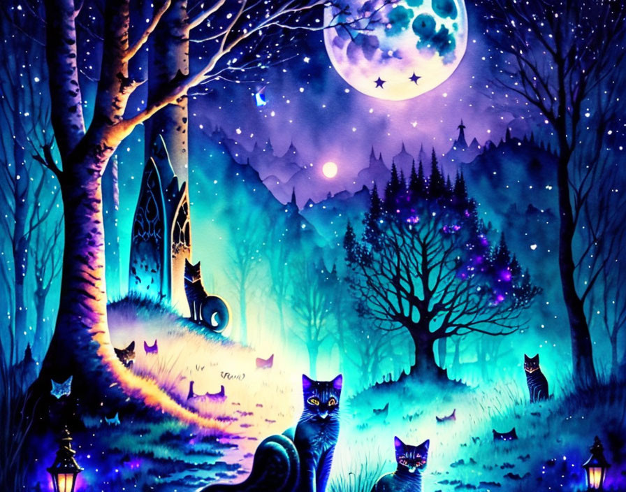 Fantasy artwork of cats, moon, trees, castle under starry sky