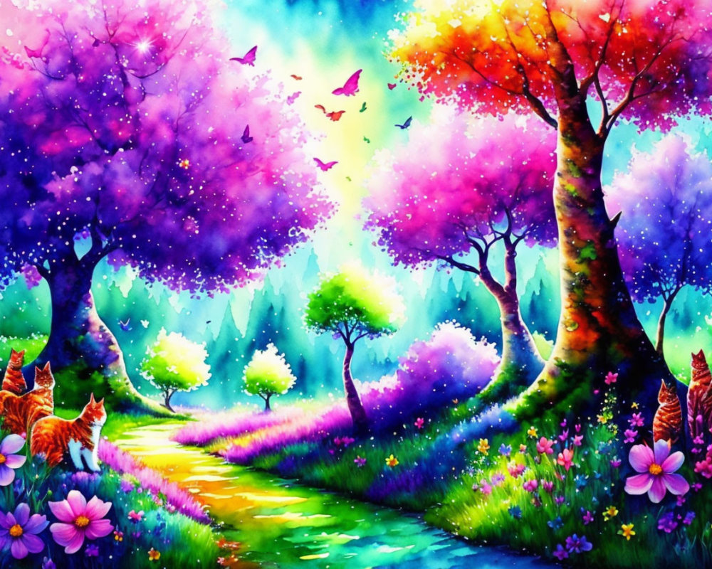 Colorful Fantasy Landscape with Trees, Flowers, Path, Butterflies, and Foxes