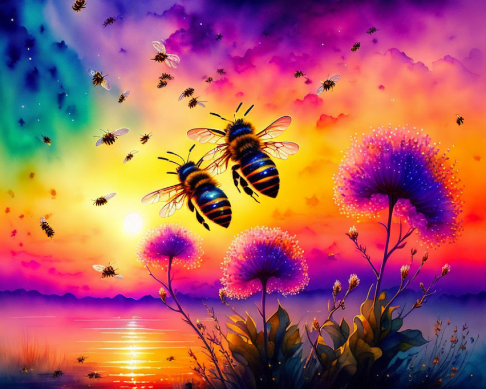 Colorful artwork of bees and flowers in sunset reflection