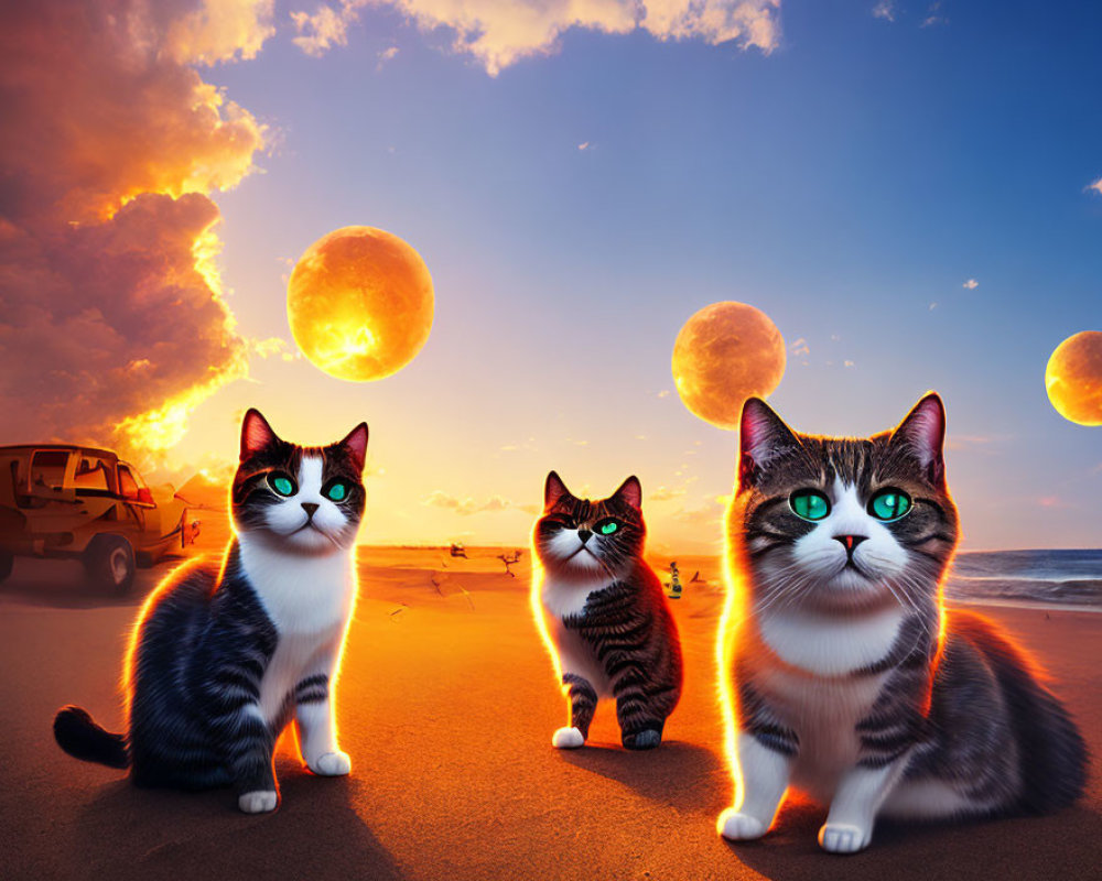 Cartoon Cats Sunset Beach Scene with Multiple Moons and Van