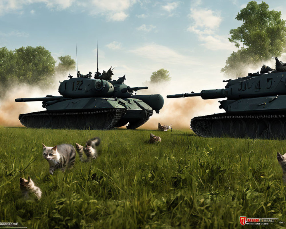 Military tanks in grassy field with cats, sunny day.