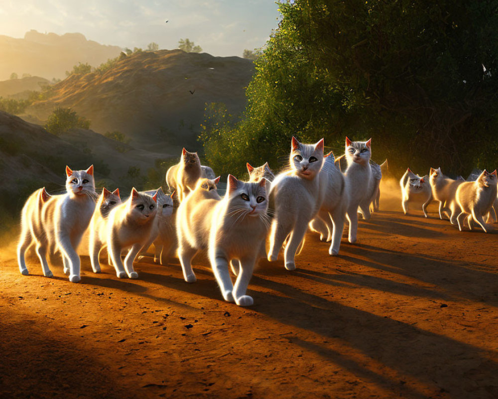 White cats with glowing eyes and butterfly wings walking on dusty path