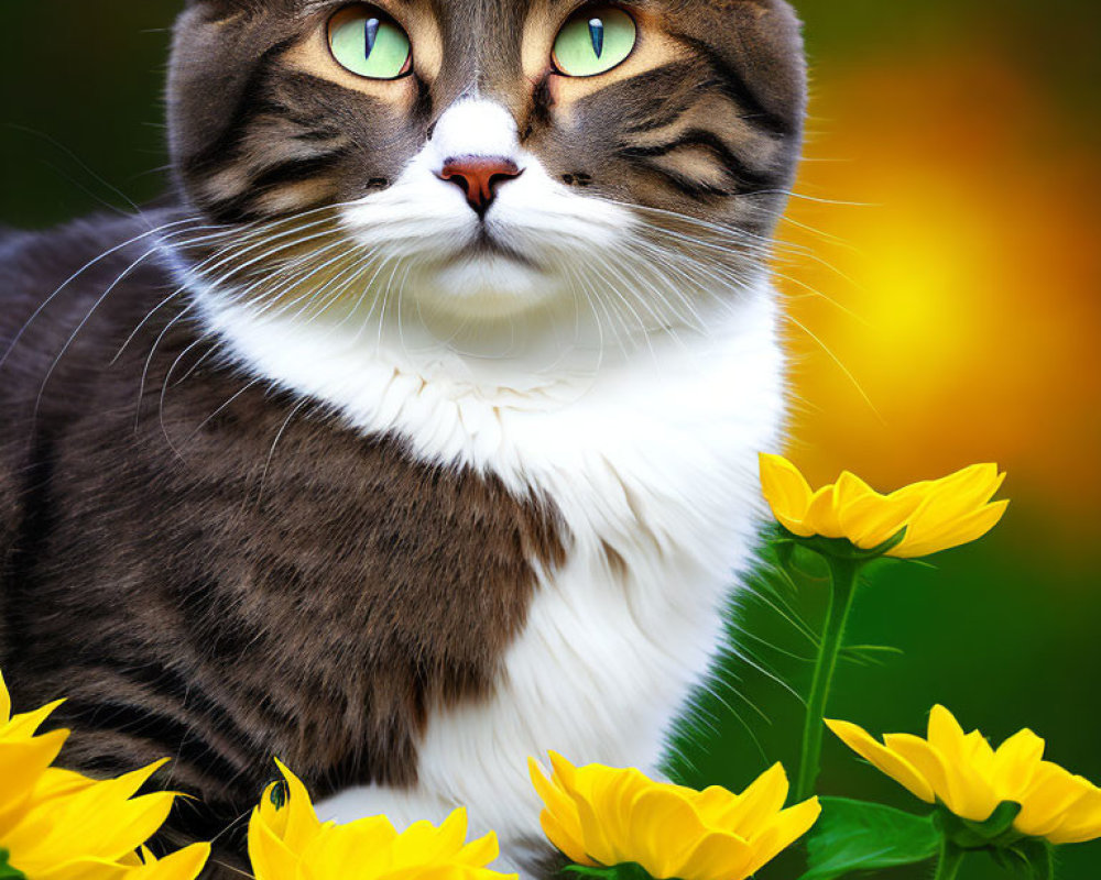 Fluffy white cat with green eyes in yellow flower field