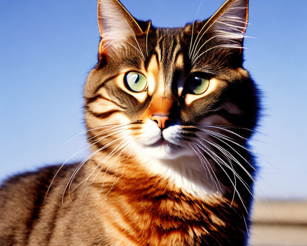 Brown Tabby Cat with Green Eyes and Whiskers on Blue Sky Background