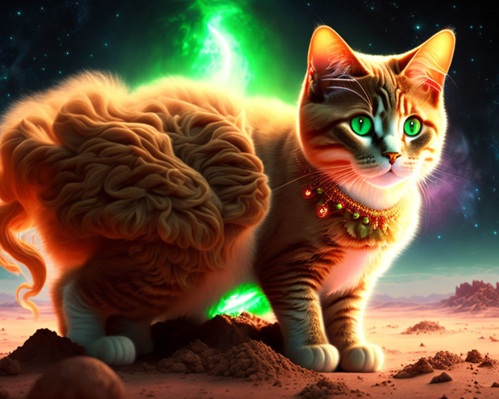 Majestic cat with glowing eyes in cosmic setting