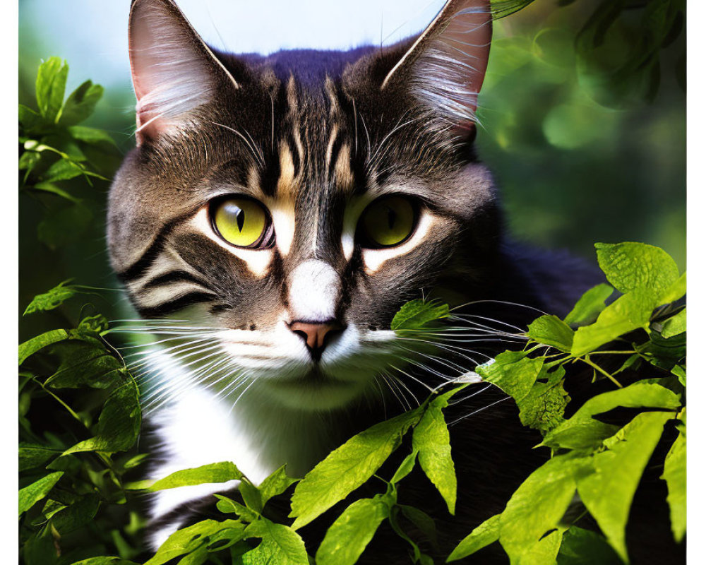 Close-Up of Cat with Striking Yellow Eyes and Black/White Markings Among Green Leaves