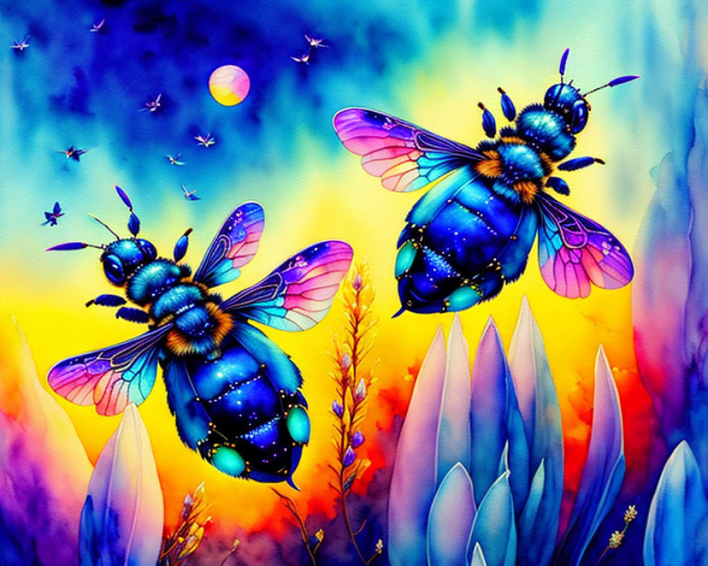 Vibrantly Colored Fantastical Bees in Neon Floral Landscape