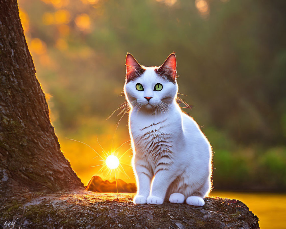 White Cat with Black Markings Silhouetted Against Warm Sunset