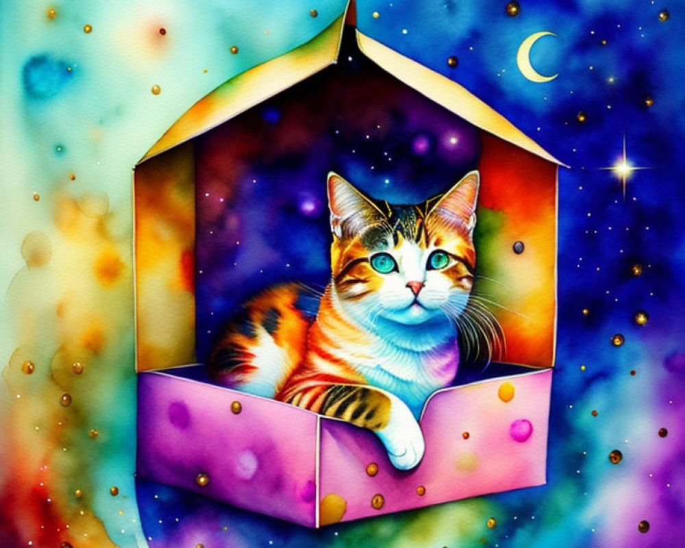 Colorful Calico Cat Artwork in Cosmic Setting