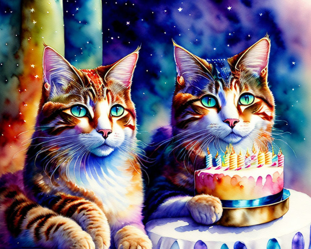 Colorful cats with starry patterns near birthday cake on cosmic background