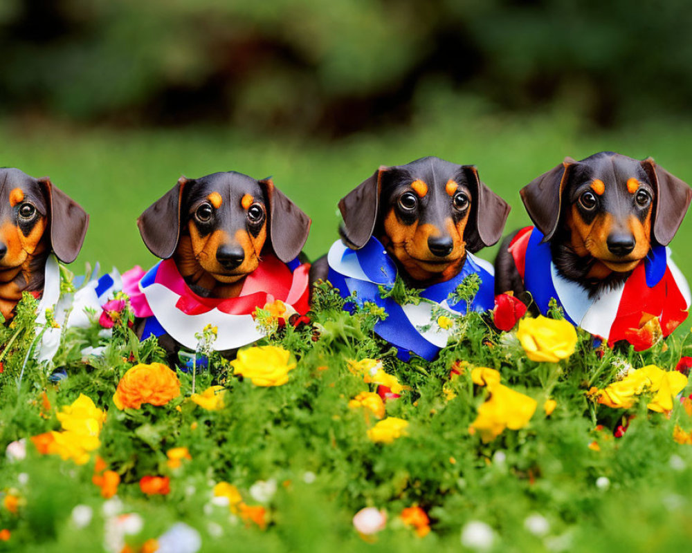 Four Dachshund Puppies in Colorful Bandanas Surrounded by Vibrant Flowers