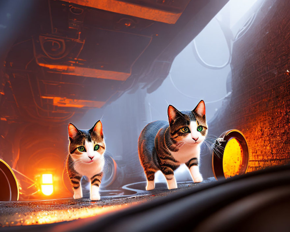 Two cats with large eyes on car dashboard with glowing backdrop