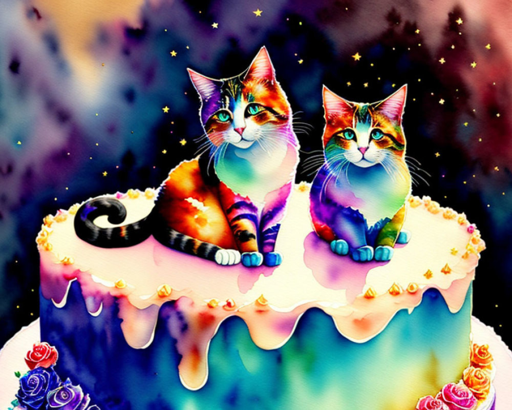 Whimsical cats on vibrant cake in galaxy setting