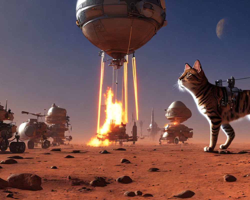 Cat in harness observes fiery spaceship launch on alien planet with futuristic vehicles under red sky.