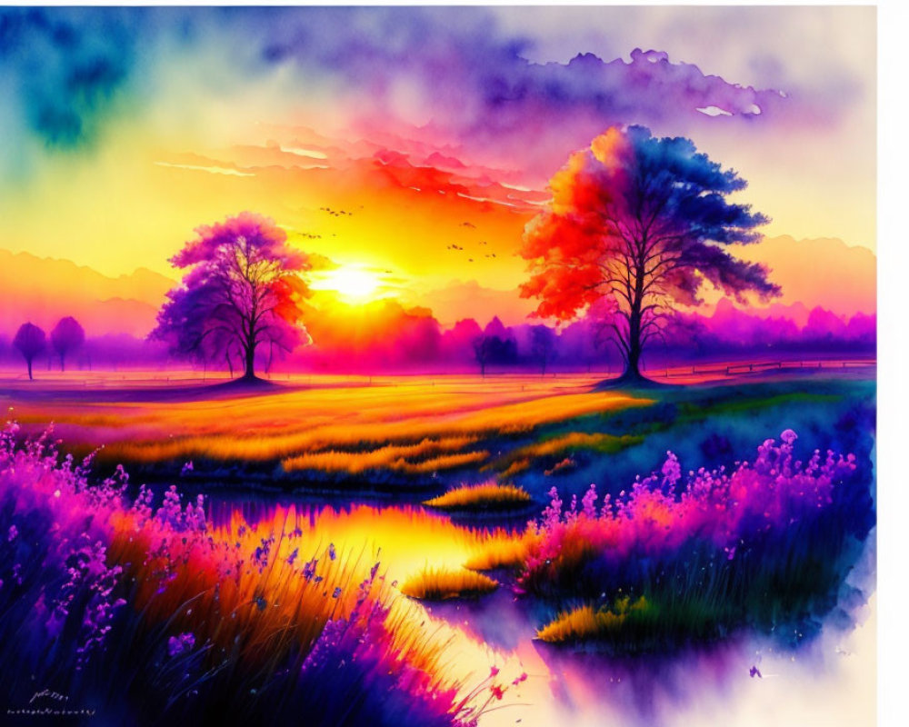 Colorful Watercolor Landscape: Serene Sunset with Silhouetted Trees