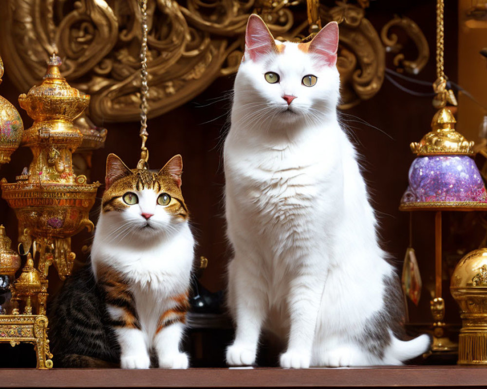 Elegant white and striped cats amidst golden decor.