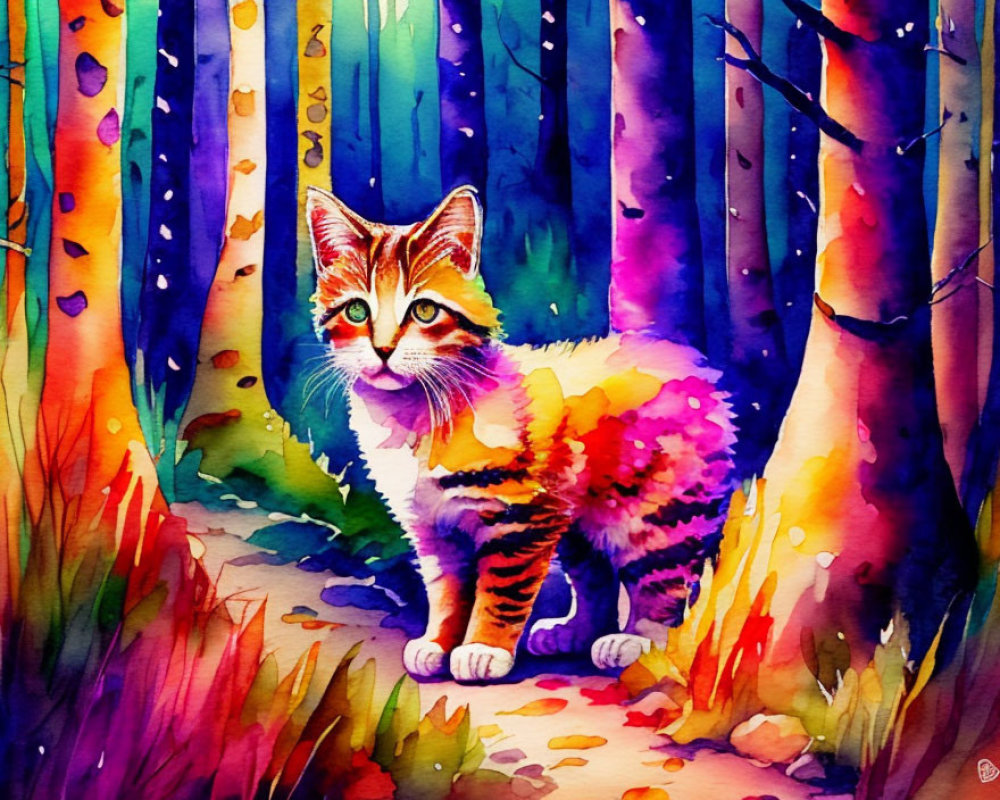 Colorful Watercolor Painting of Cat in Forest