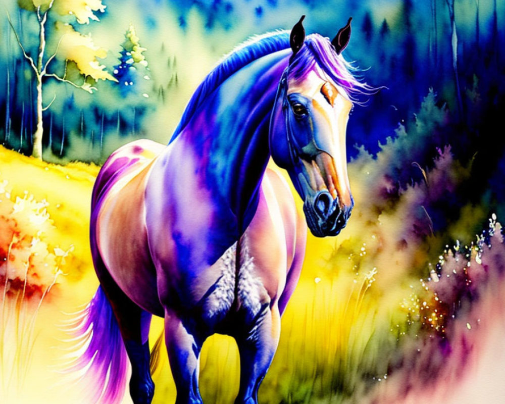 Majestic horse painting in purple hues amidst colorful landscape