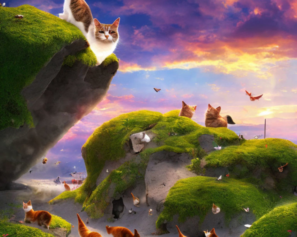 Fantastical sunset landscape with ginger and white cats on lush green hillocks