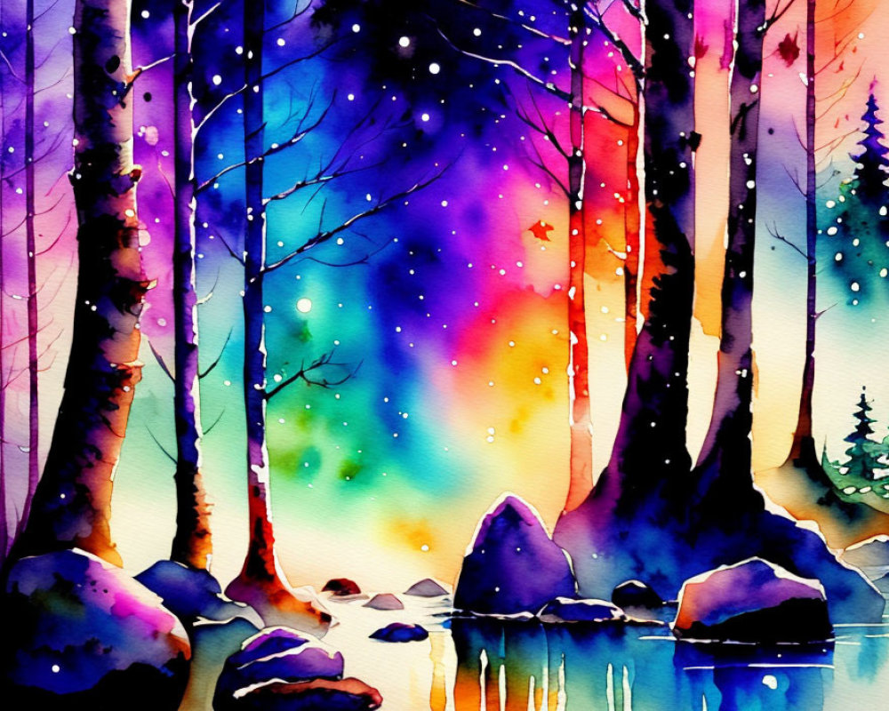 Colorful Watercolor Forest Scene with Purple and Blue Trees under Starry Sky