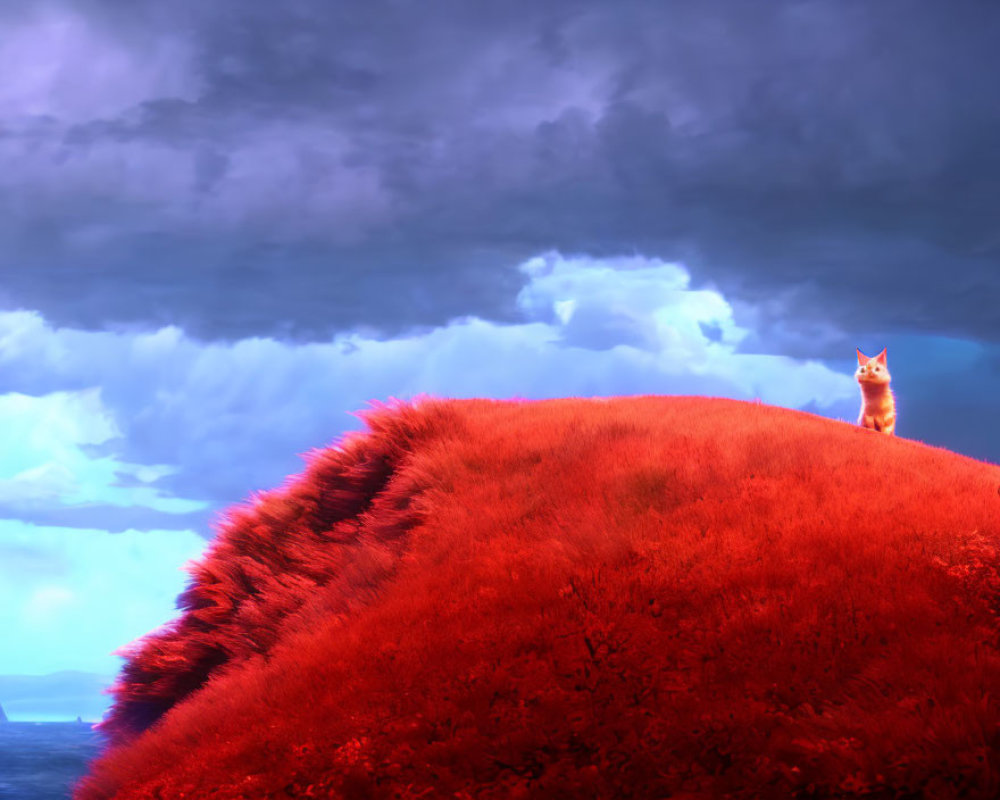 Orange cat on red hill under stormy sky: surreal contrast