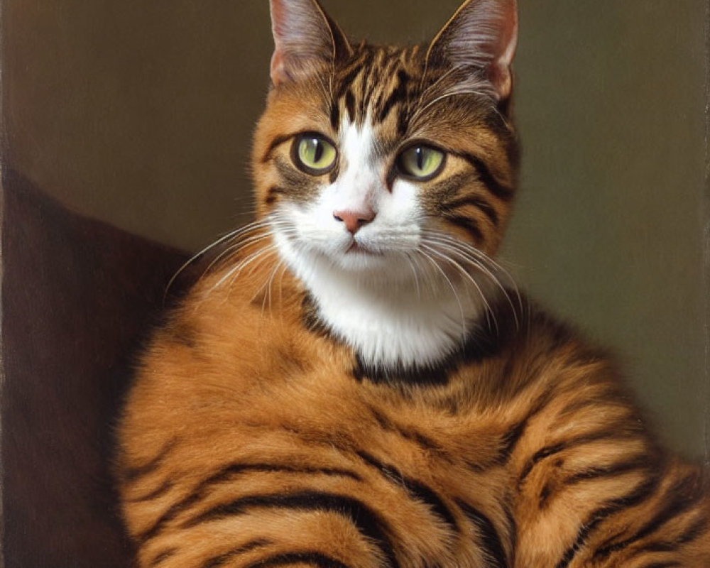 Brown Striped Cat with White Markings Sitting Against Muted Background