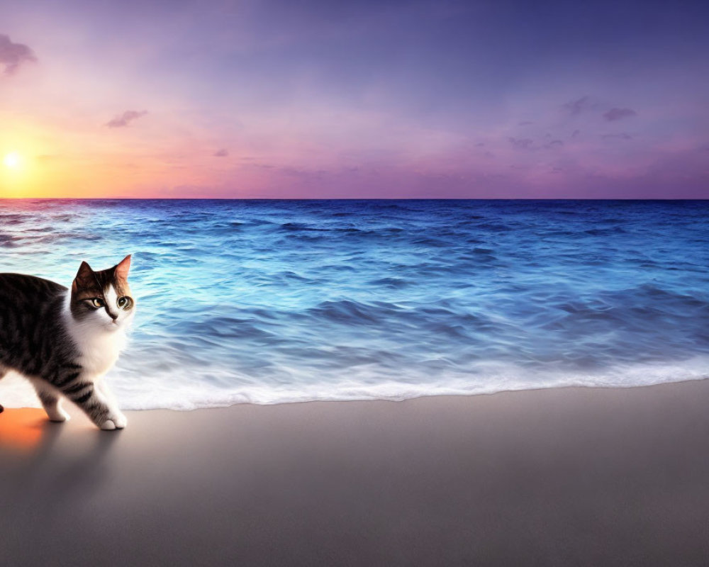 Black and white cat walking on sandy beach under purple sunset sky