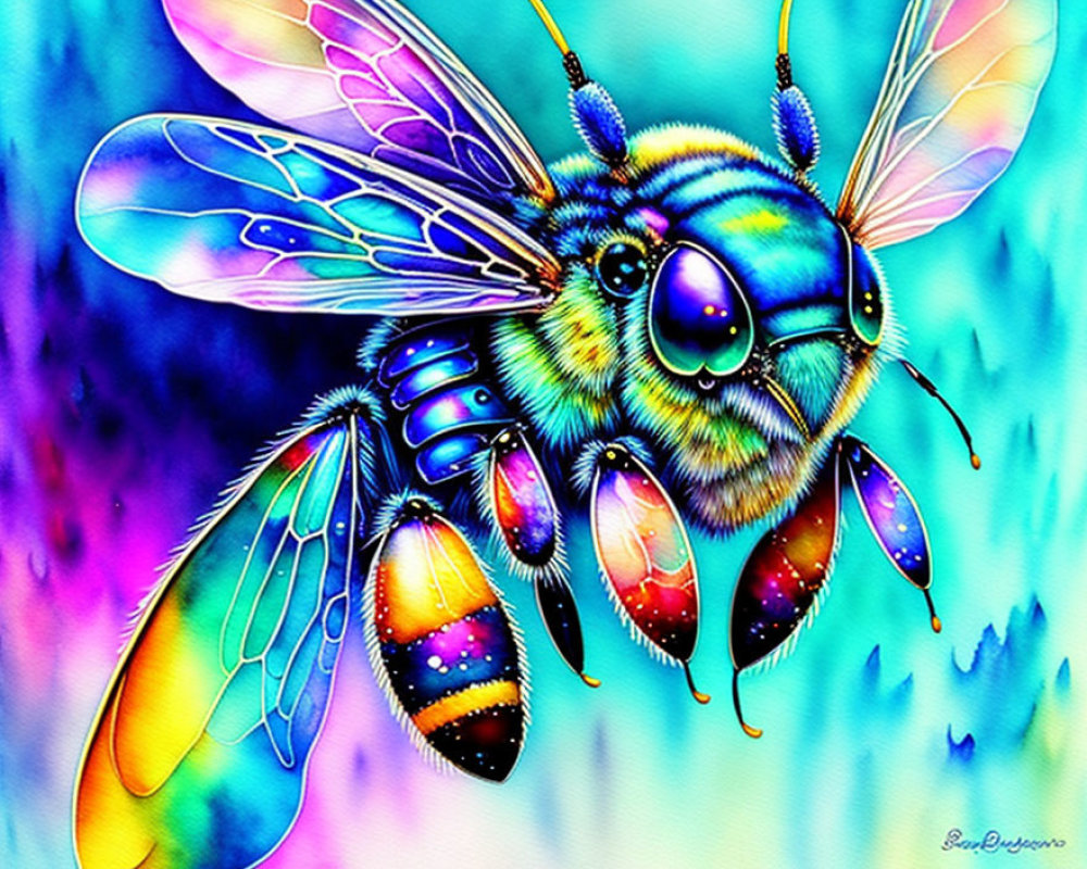 Colorful Bee Illustration on Psychedelic Background