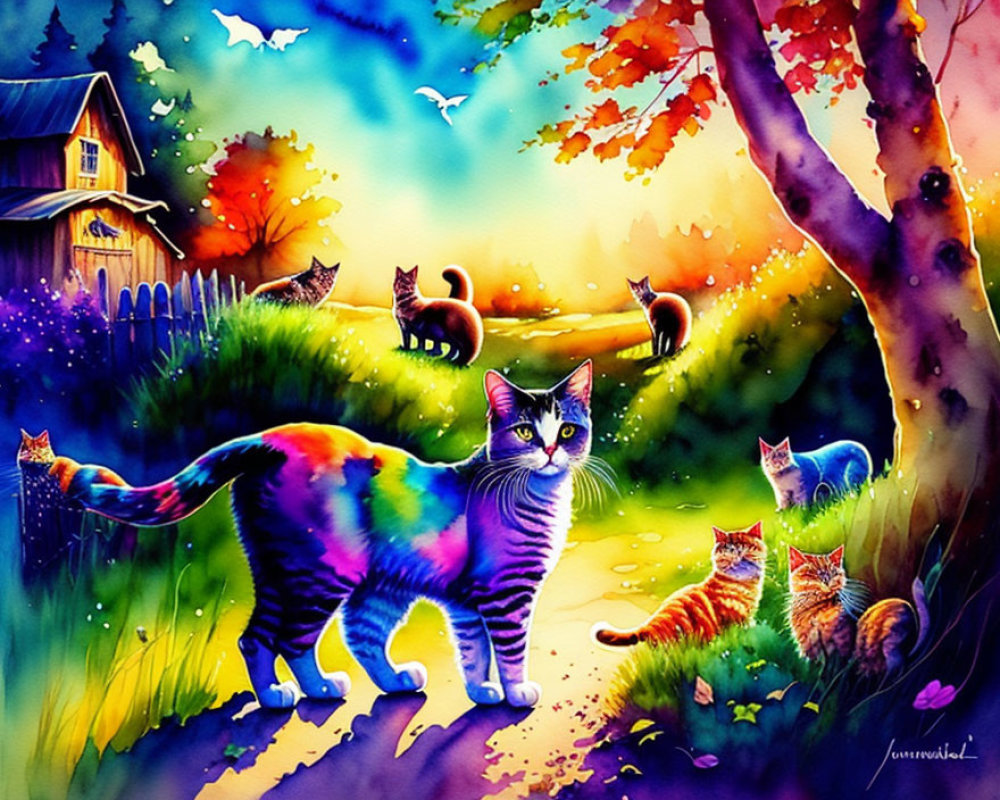 Colorful Cats Painting in Countryside Scene with Cottage and Sunset Sky