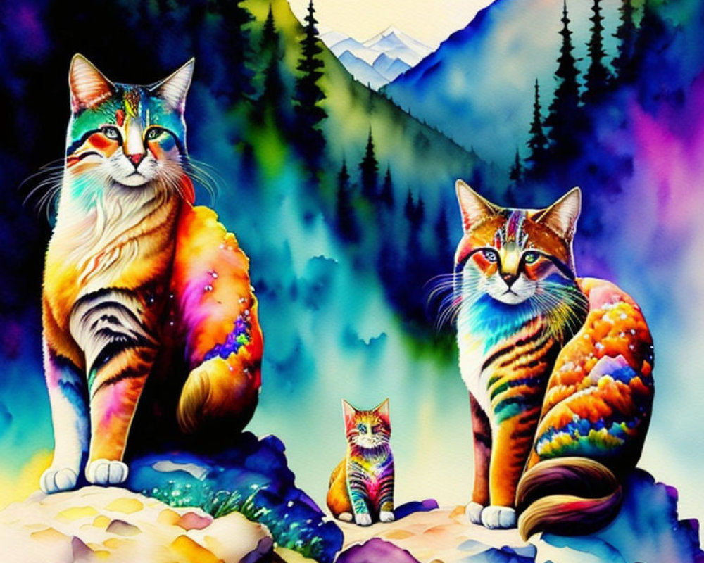 Colorful Cats in Fantasy Mountain Landscape with Watercolor Texture