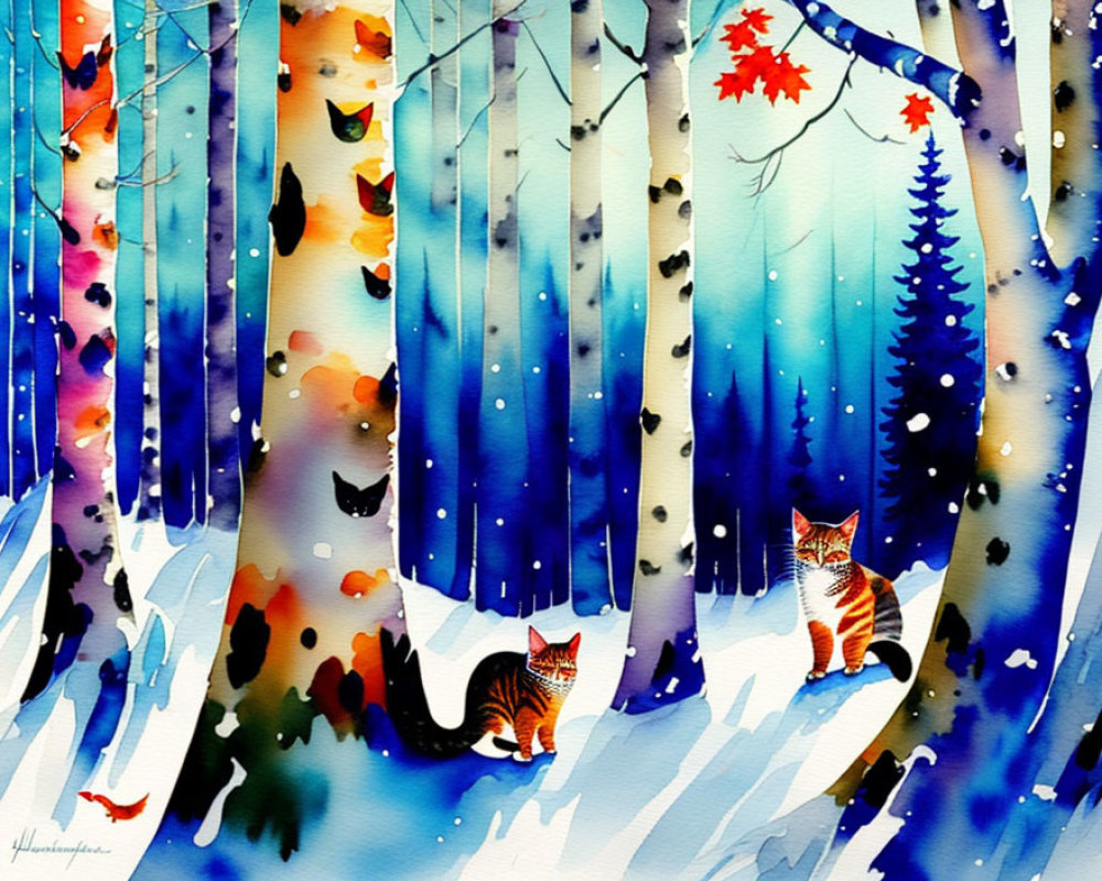 Whimsical winter forest watercolor with cats & colorful leaves