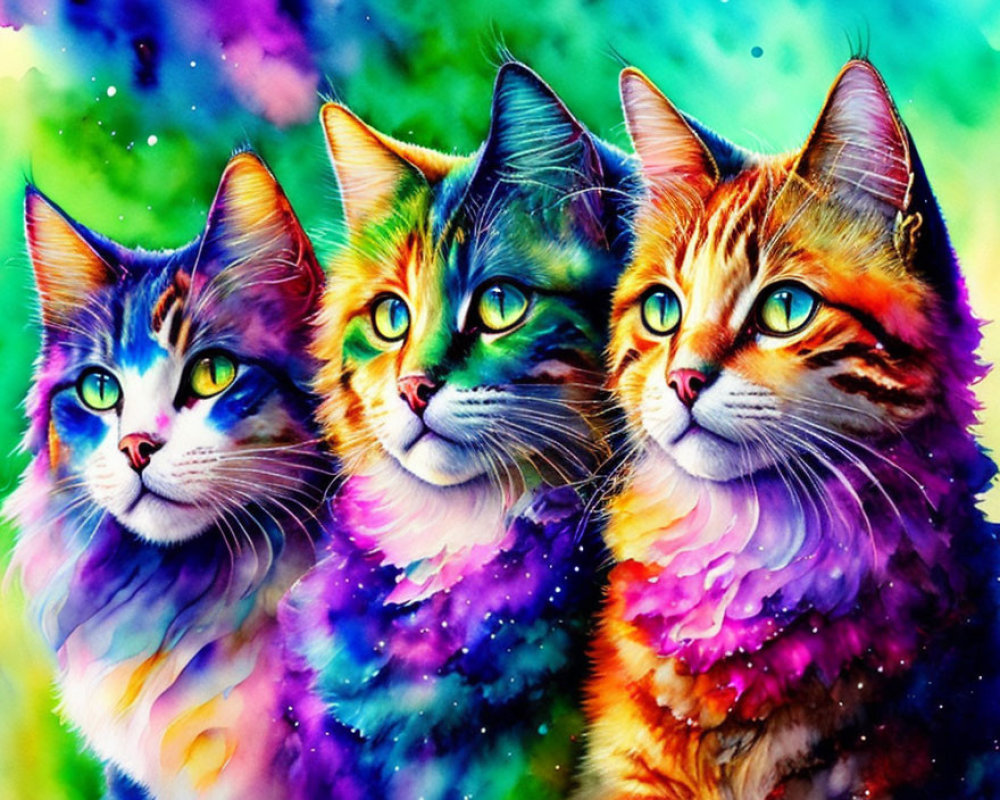 Vibrant stylized cats with striking eyes on cosmic backdrop