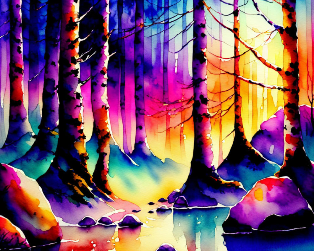 Colorful Watercolor Painting of Whimsical Forest Landscape