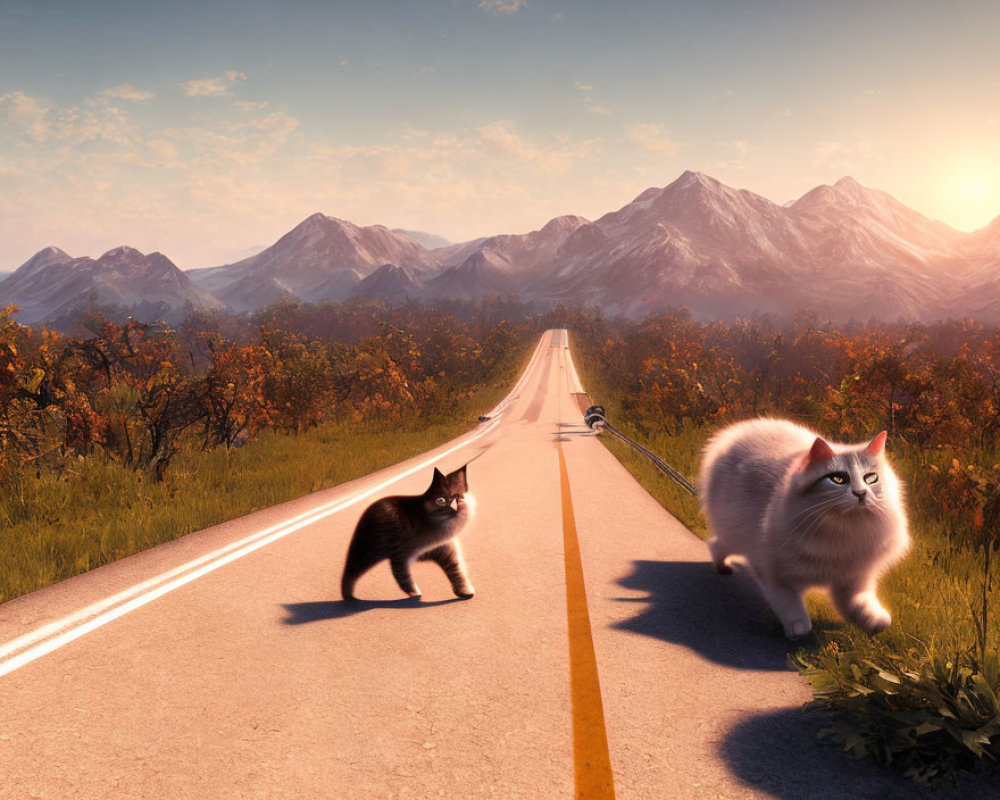 Digital artwork: Oversized black kitten & white fluffy cat on road with scenic mountains & sunset