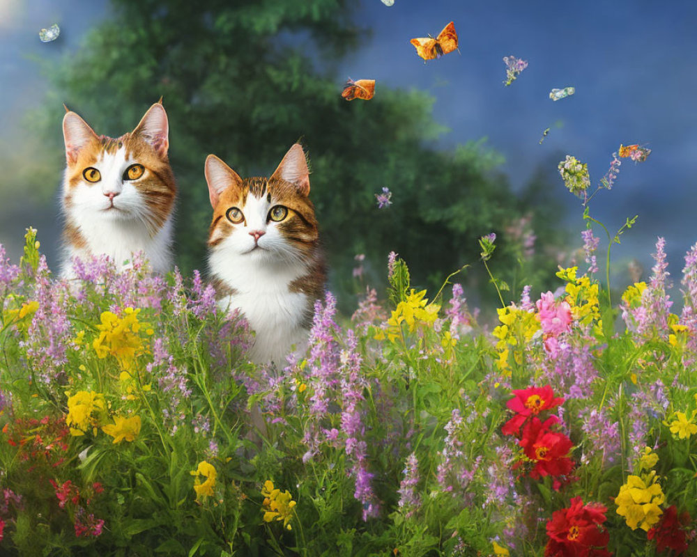 Two cats with unique fur patterns among wildflowers and butterflies in blue sky