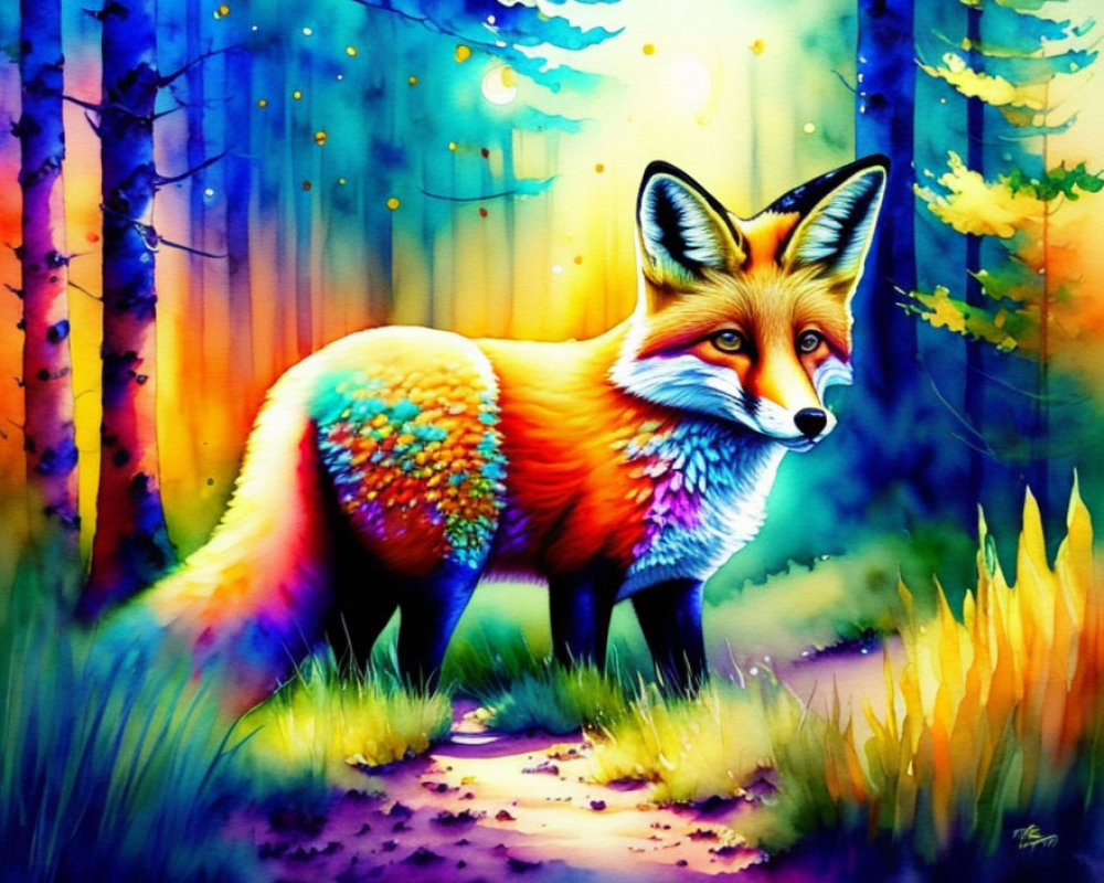 Colorful Fox in Magical Forest Watercolor Illustration