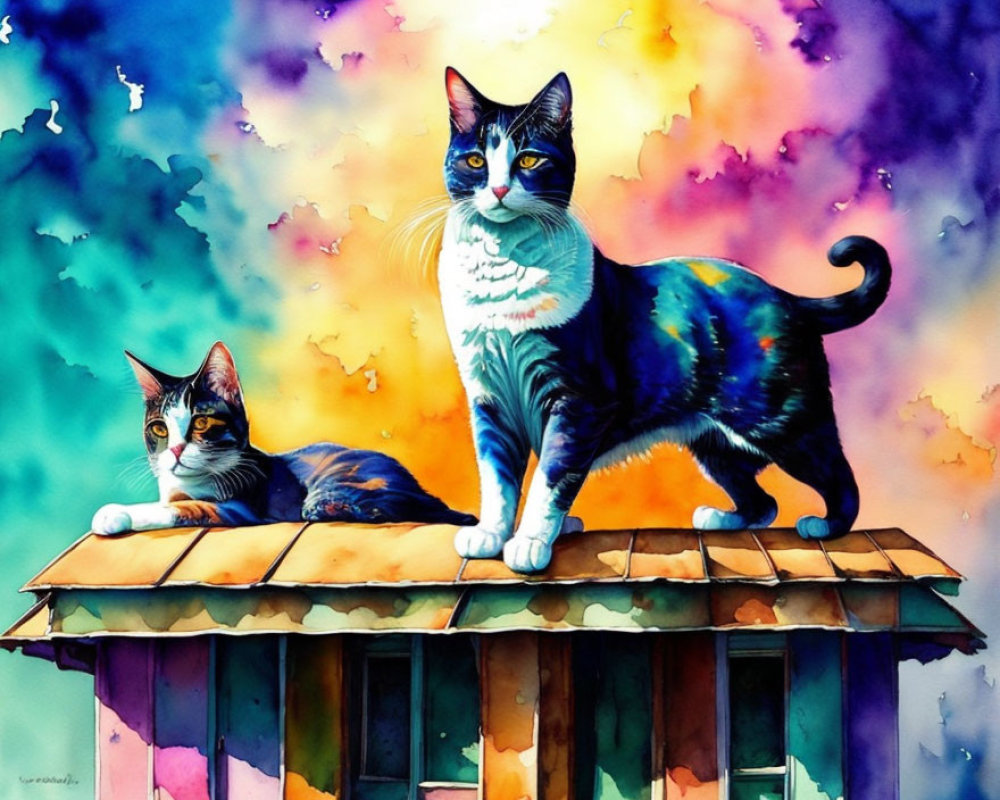 Vibrant Cats on Whimsical Wooden Structure in Rainbow Background