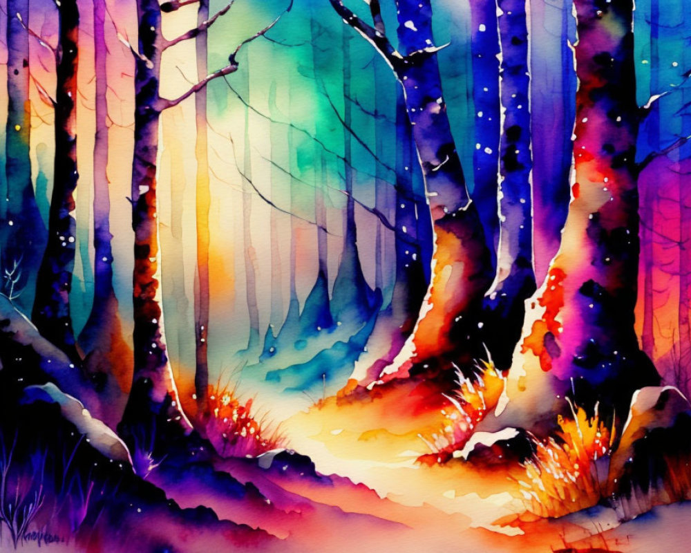 Colorful Watercolor Painting of Whimsical Forest with Glowing Path