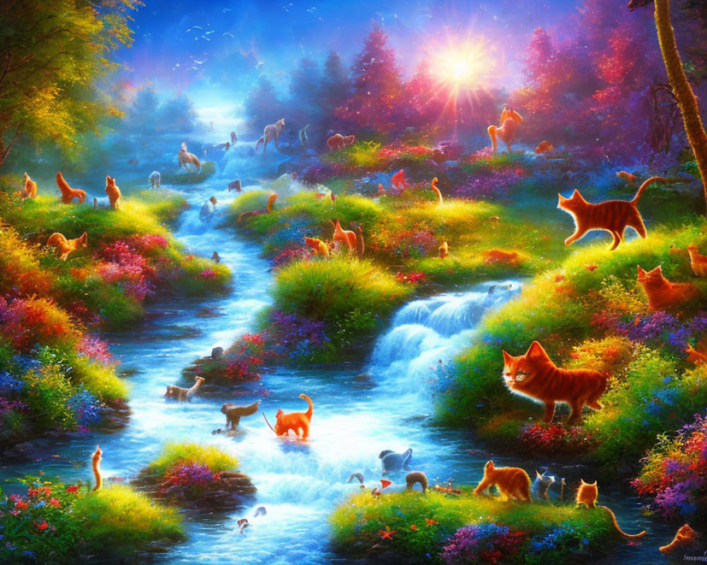 Colorful Landscape with Cats by River and Waterfalls in Bright Sunlit Sky