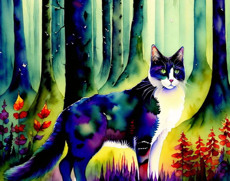 Colorful Watercolor Painting: Black and White Cat in Mystical Forest