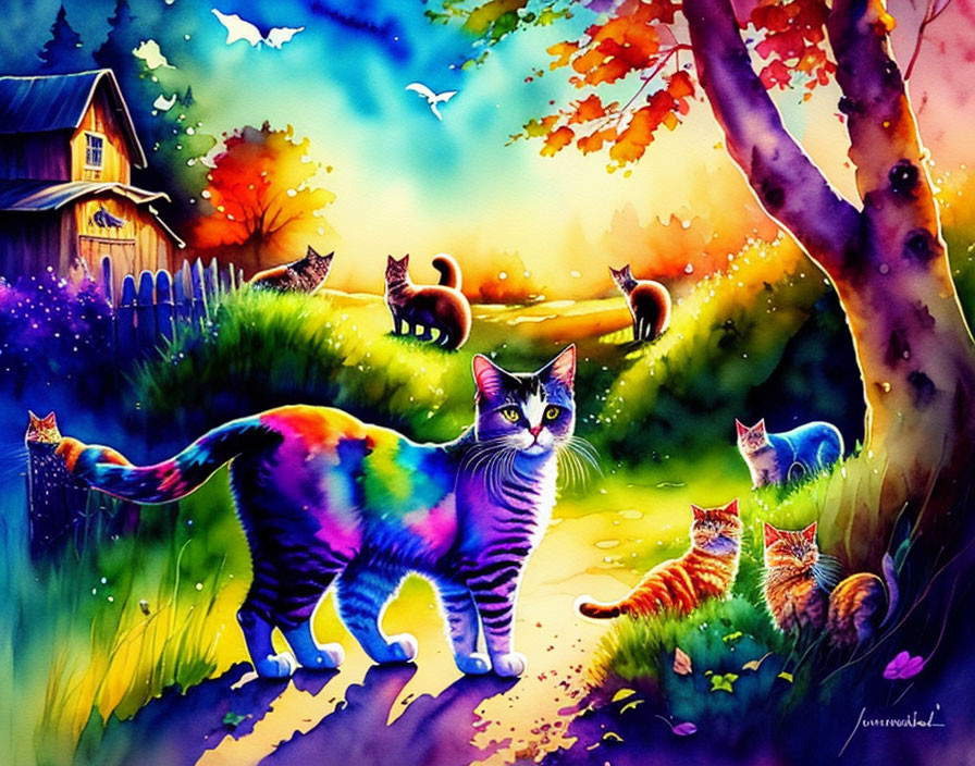 Colorful Cats Painting in Countryside Scene with Cottage and Sunset Sky