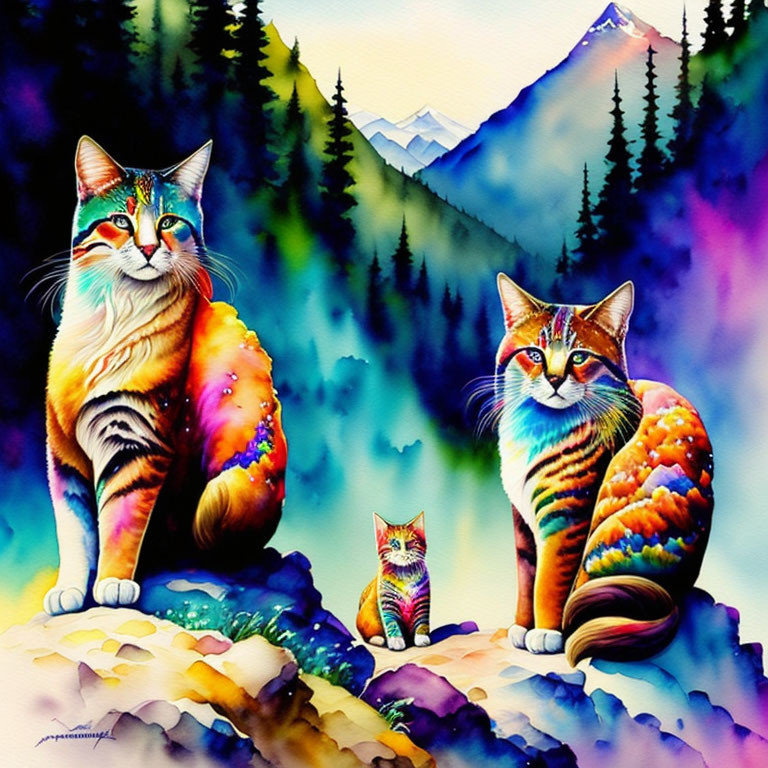 Colorful Cats in Fantasy Mountain Landscape with Watercolor Texture