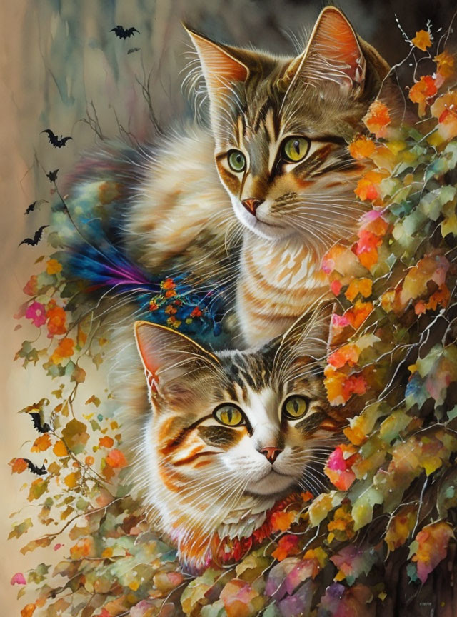 Vibrant cats in autumn foliage with butterflies.