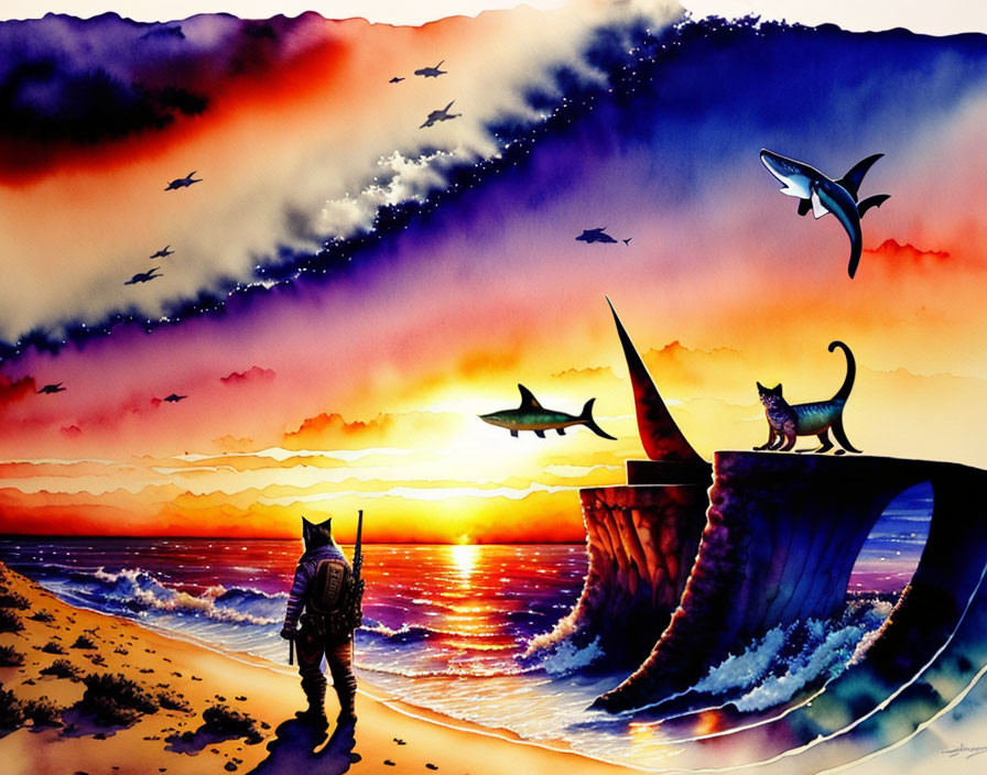 Surreal painting of knight, split sea, flying sharks, cats, vivid sunset